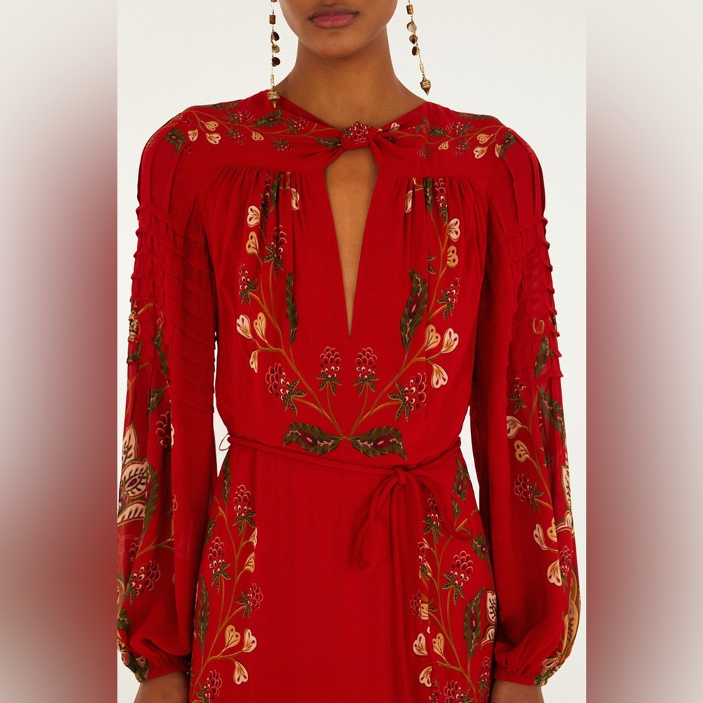 NEW FARM RIO berry garden long sleeve pleated maxi dress red boho wedding guest - Picture 5 of 13